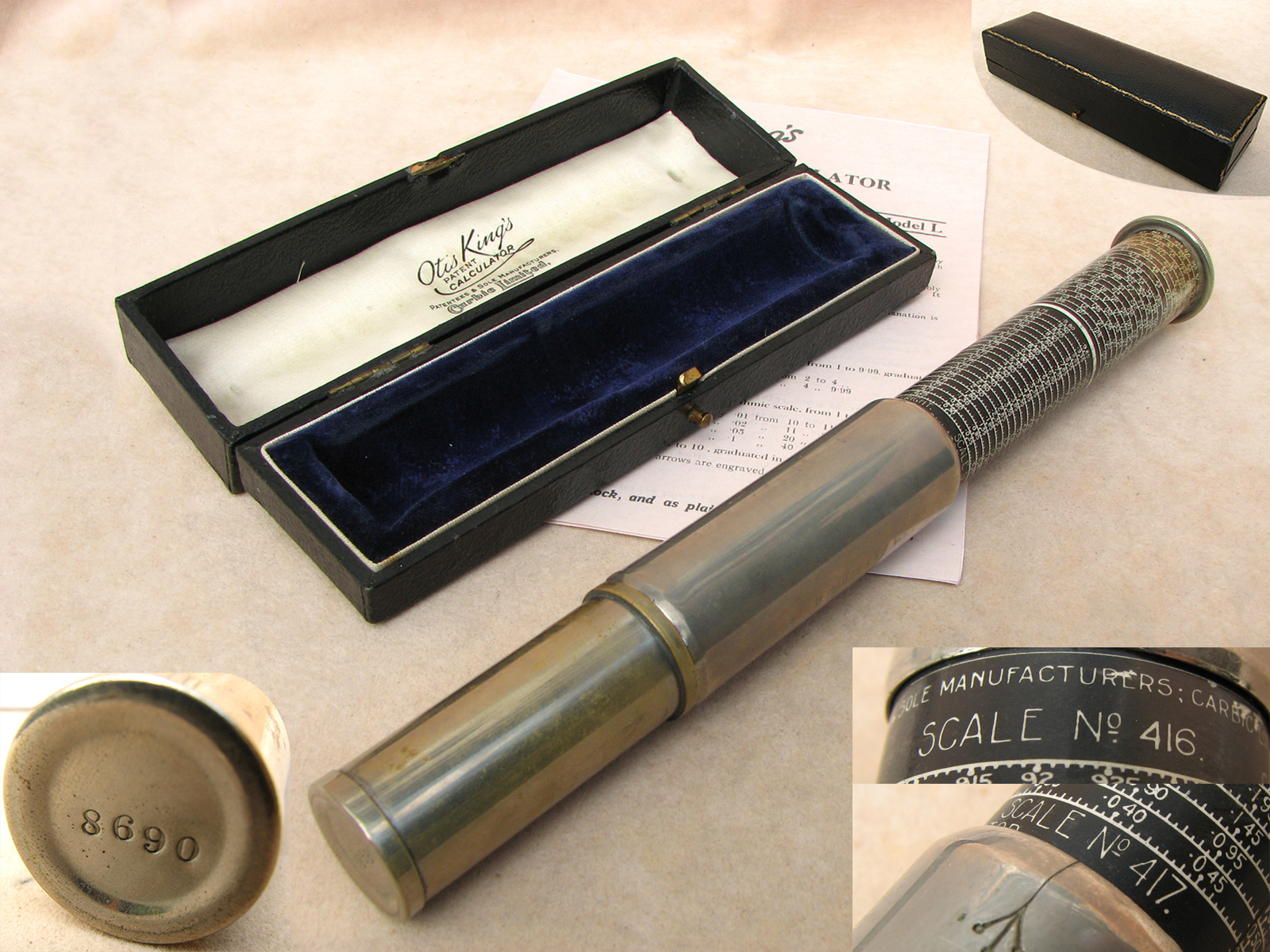 Rare 1920's Otis King Model L Type A calculator with 416/417 scales in presentation case